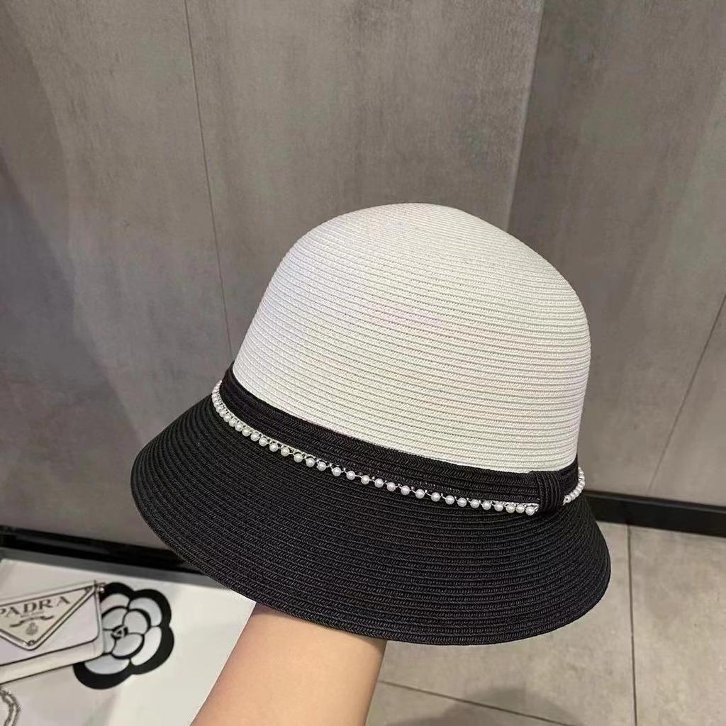 Dome Straw Color Matching Bucket Hat Pearl Straw Hat Women's Summer Sunshade Sunscreen Top Hat Foldable Sun Hat