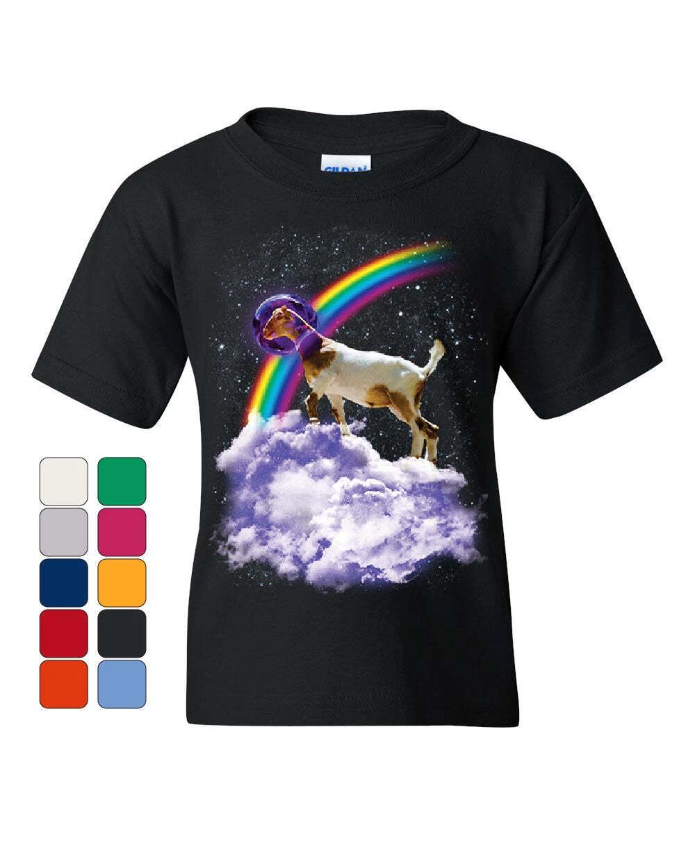 

Rainbow Goat on a Cloud Youth kids boys T-Shirt Galaxy Space Funny Universe Gag Kids Tee 110