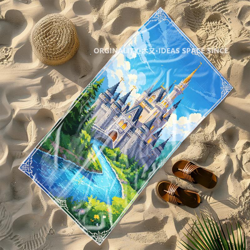 Pixel Art Fairy Castle Beach Towel Patterned Sunscreen And Windproof Suitable For Swimming Pool Camping Travel Blanket