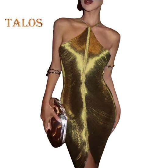 

Женское праздничное платье с глянцевой кисточкой и бретелькой на шее, без рукавов, с разрезом подол, сплошной цвет, облегающее, с открытыми плечами, клубное вечернее банкетное мини-платье L золотистый