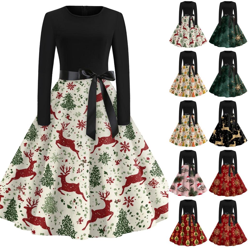 Women's Casual Christmas Print Neck Vintage Dress for Holiday Party