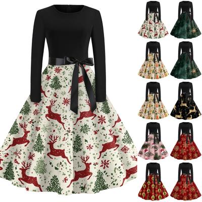 Damen Lässiges Vintage-Kleid mit weihnachtlichem Aufdruck und Neckholder für die Feiertagsparty
