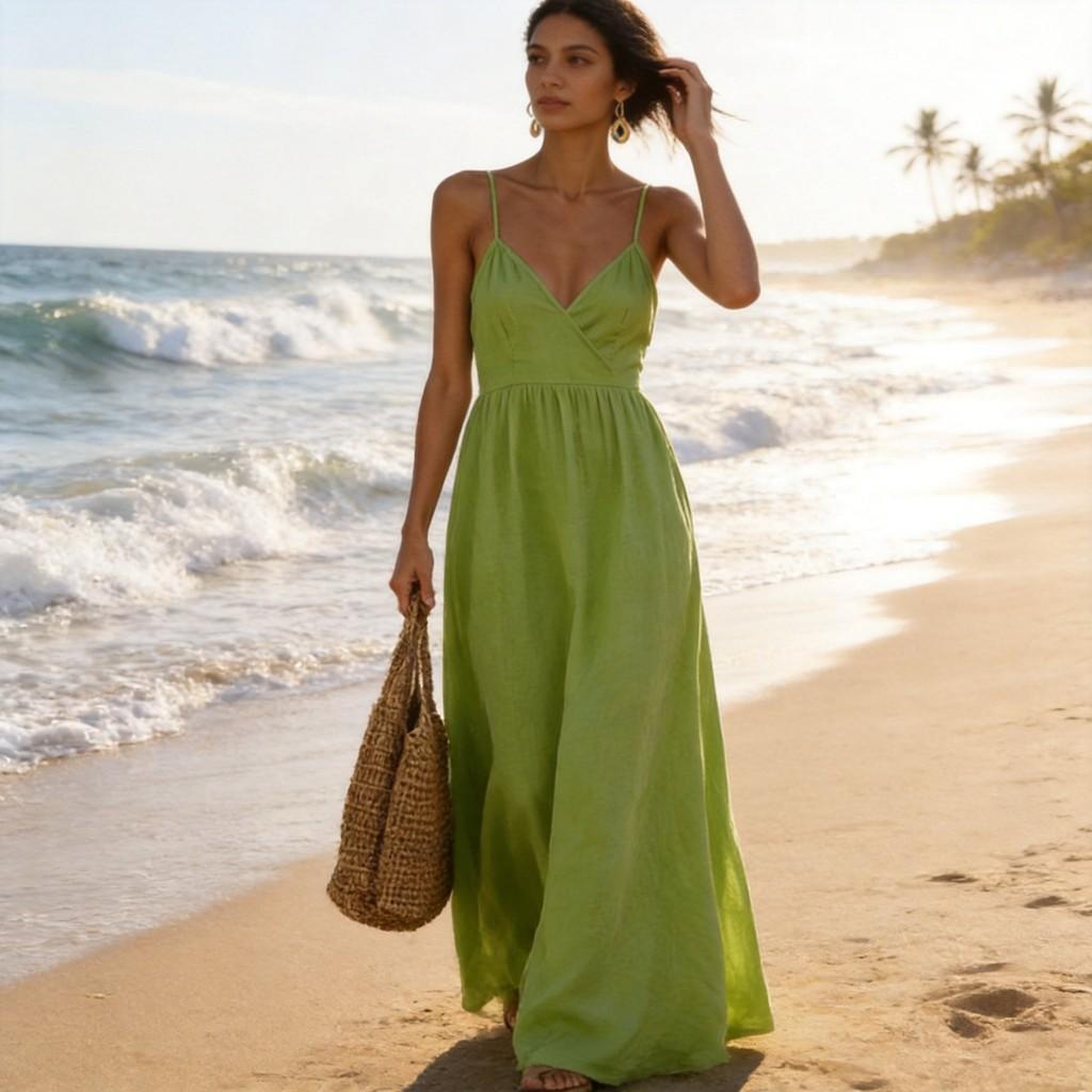 Polyester V Neck Sleeveless Dress With Pockets For Summer Casual And Beach Wear