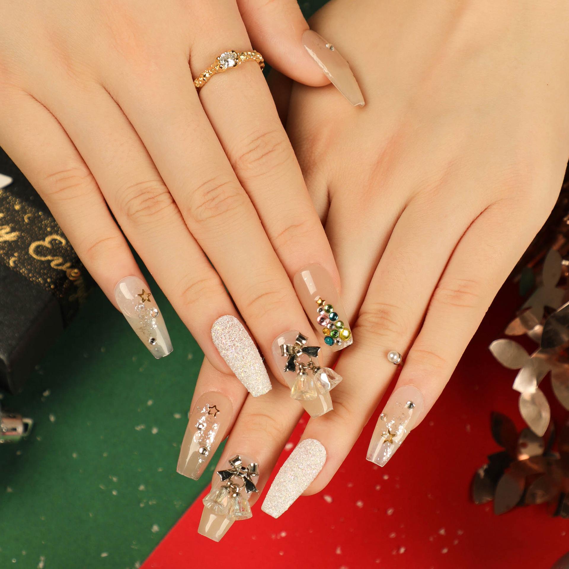 Christmas bow wearing nail art rectangular nail fake nail nail piece finished diamond wearing nail piece nail sticker