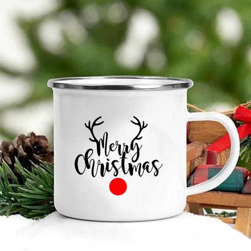 Merry Christmas Print Creative Enamel Coffee Tea Wine Drink Mug Dessert Hot Cocoa Milk Cup Cake Mugs Handle Drinkware Xmas Gifts