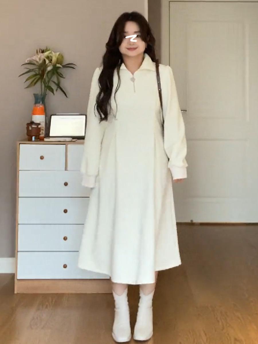 

Large size women s clothing French gentle wind polo collar velvet dress women s autumn and winter fat mm thin waist sweater skirt S
