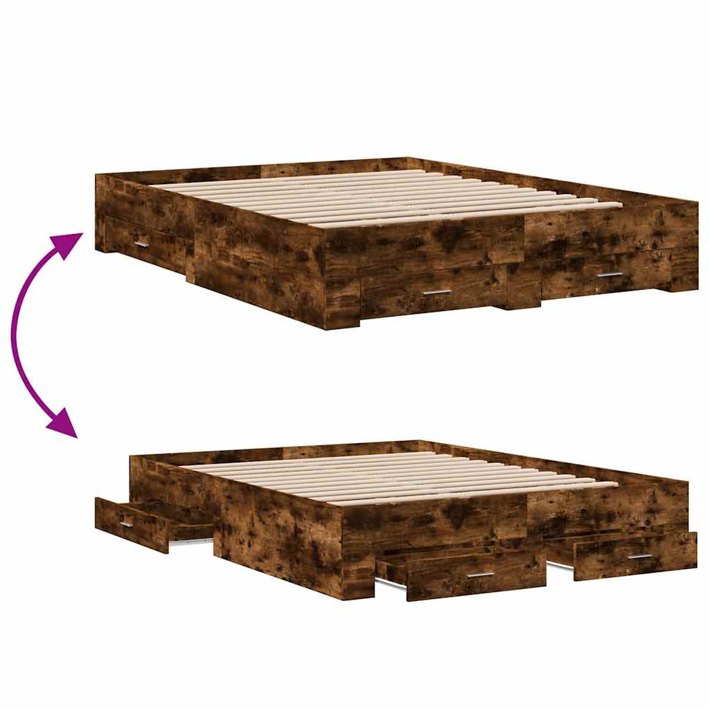 Bed Frame with Drawers Smoked Oak 160x200 Cm Wood Based Material