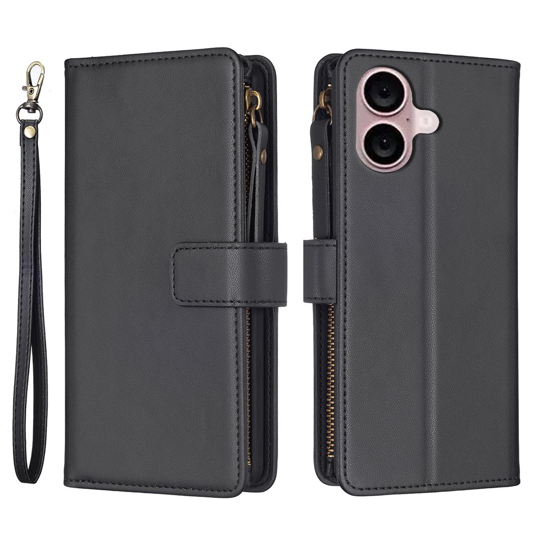 

BF Style-19 for iPhone 16 Plus Zipper PU Leather Phone Case Flip Wallet Phone Stand Cover Black