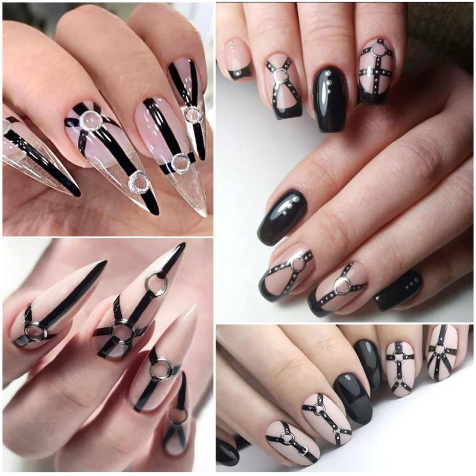 5D Goth Punk Nálepky na nehty Vypouklé proužky Třpytivé Decals na nehty Černý obvaz Samolepicí posuvníky Halloweenské dekorace