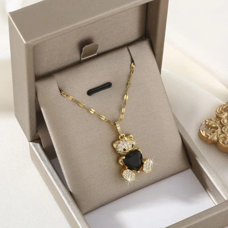 

Модное ожерелье с подвеской в ​​виде черного медведя с черным сердцем и кристаллами для женщин, очаровательное вечерние ювелирные изделия с животными для банкетов, подарок для детей для друзей