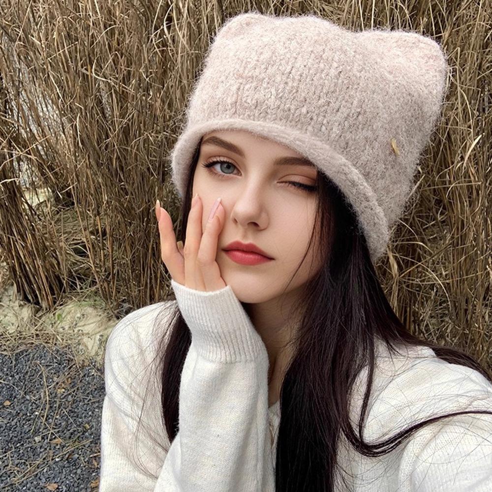 Niedliche Katzenohren Strickmütze für Damen Wollmischung Herbst und Winter Warm Vielseitiger Ohrenschutz Wollmütze Zeigt Gesicht