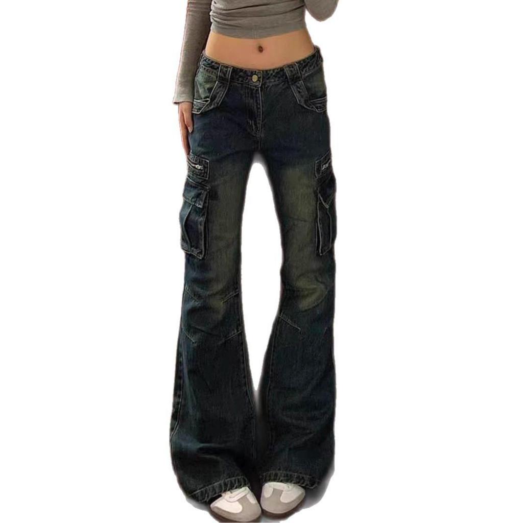 Women's Retro Low-Waist Pocket Cargo Flare Jeans - Spring/Autumn Style