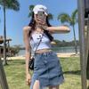 Women's High Waist A-Line Split Denim Mini Skirt - Plus Size, Slimming, Anti-Exposure, Hip-Hugging Design