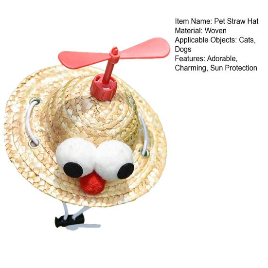 Pet Straw Hat with Bamboo Dragonfly Propeller Mini Woven Straw Hat for Cats Small Dogs Cartoon Cinco De Mayo Sun Cap for Outdoors
