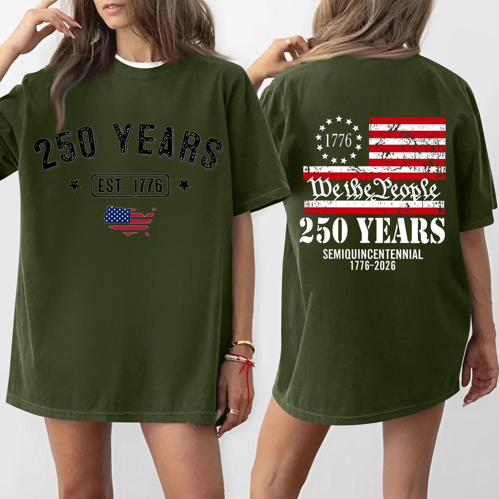 Women's Casual Independence Day 250 Anniversary Printed T-shirt Round Neck Pullover Short Sleeve Top