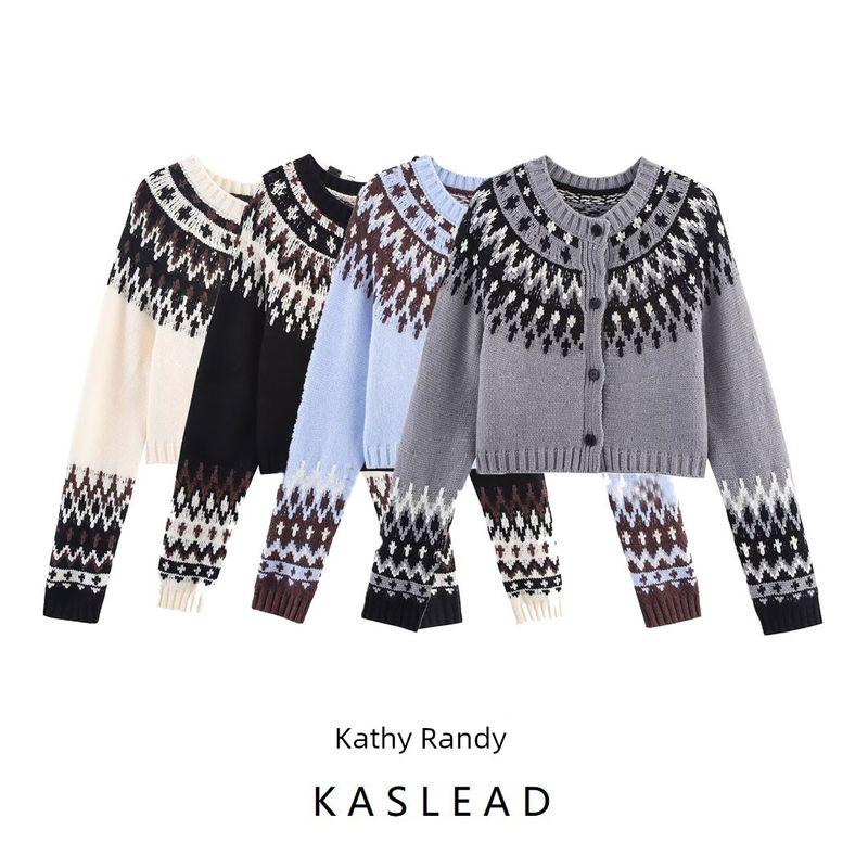 Kaslead New Women's Clothing European and American Style Fashionable Simple All-Match Short Jacquard Knitted Cardigan