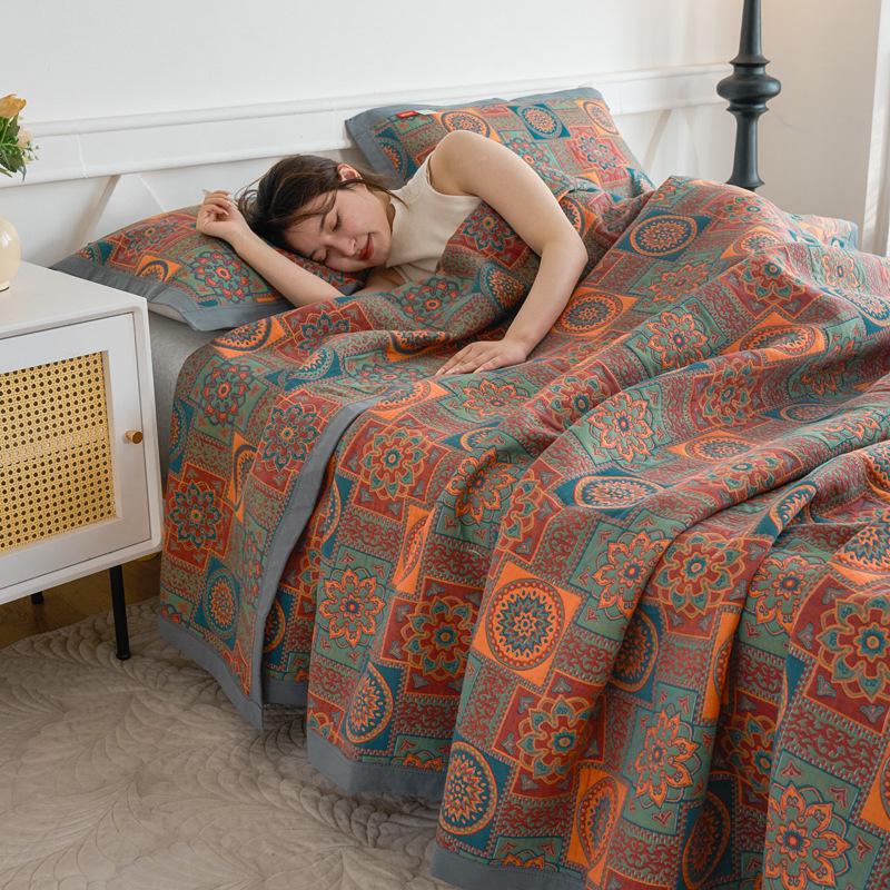 Class A Cotton Towel Blanket: 3-Layer Gauze, Yarn-Dyed Jacquard, 4-Seasons Bedspread, Air Conditioning Quilt, 3-Piece Set