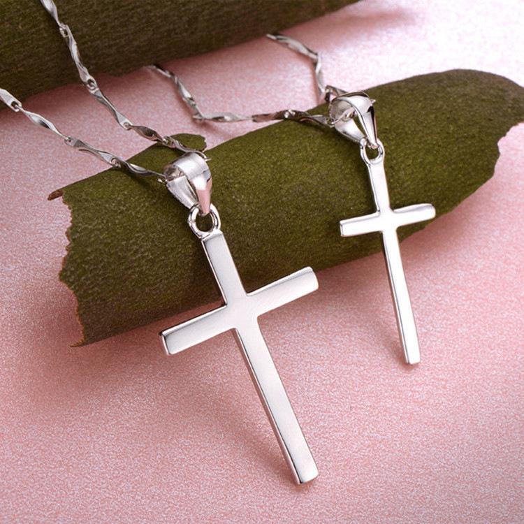 S925 Sterling Silver Smooth Cross Pendant Necklace for Men and Women - Versatile Long Sweater Chain