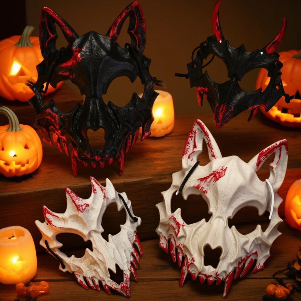 Maschere Teschio Osso di Halloween Maschera Sanguinante Mezza Faccia Cosplay Drago Dio Tigre Feroce Forchetta Notturna Tengu Uomo Maschera Lupo Decorazione Festa Oggetto di Scena