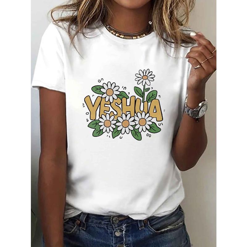 

Short-Sleeved Crew Neck Casual Top Featuring A Yeshua Daisy Illustration, Perfect for Summer and Spring, Designed for Women S белый