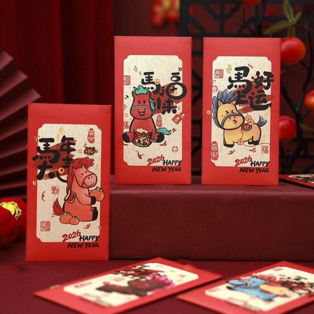 6Pcs Paper 2026 Horse Year Red Envelope Traditional Cartoon Chinese New Year Envelope Lucky Bless Words Lucky Money Bag