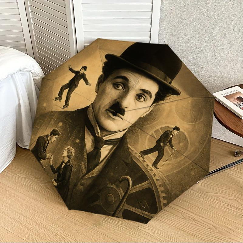 1pz Ombrello Pieghevole Automatico Charlie Chaplin, Design Pieghevole Portatile, Accessorio Casual da Esterno L1127113