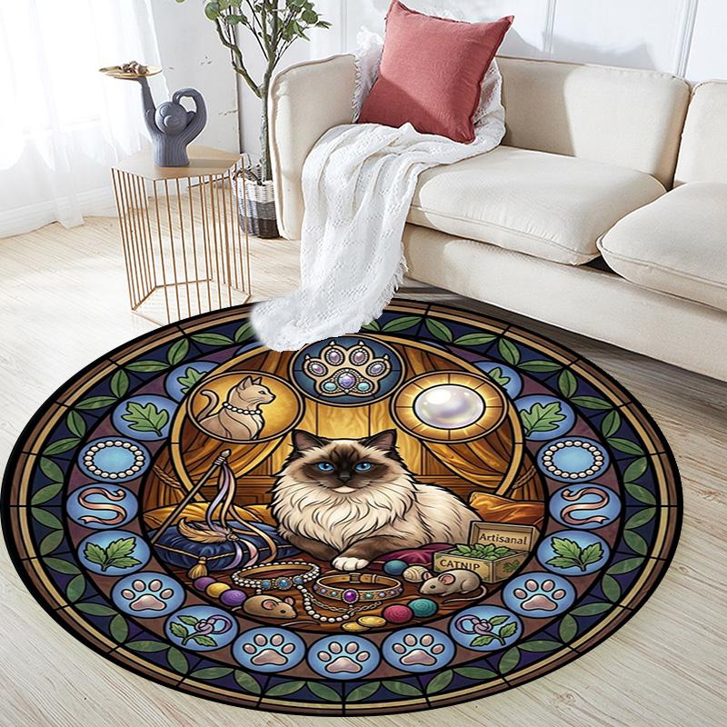 Feline Mandala Round Area Rug Under Office Chairs Bedroom Living Room Home Decor