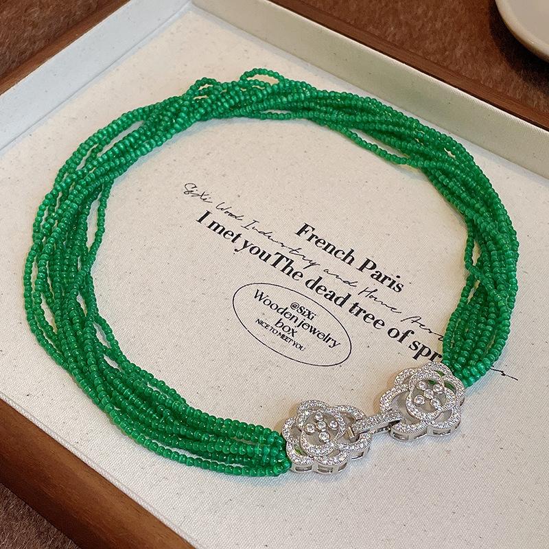 Flower Ceramic Rice Beads Beaded Stacked Necklace Retro Exquisite Collarbone Chain Design Sense Niche Necklace Women