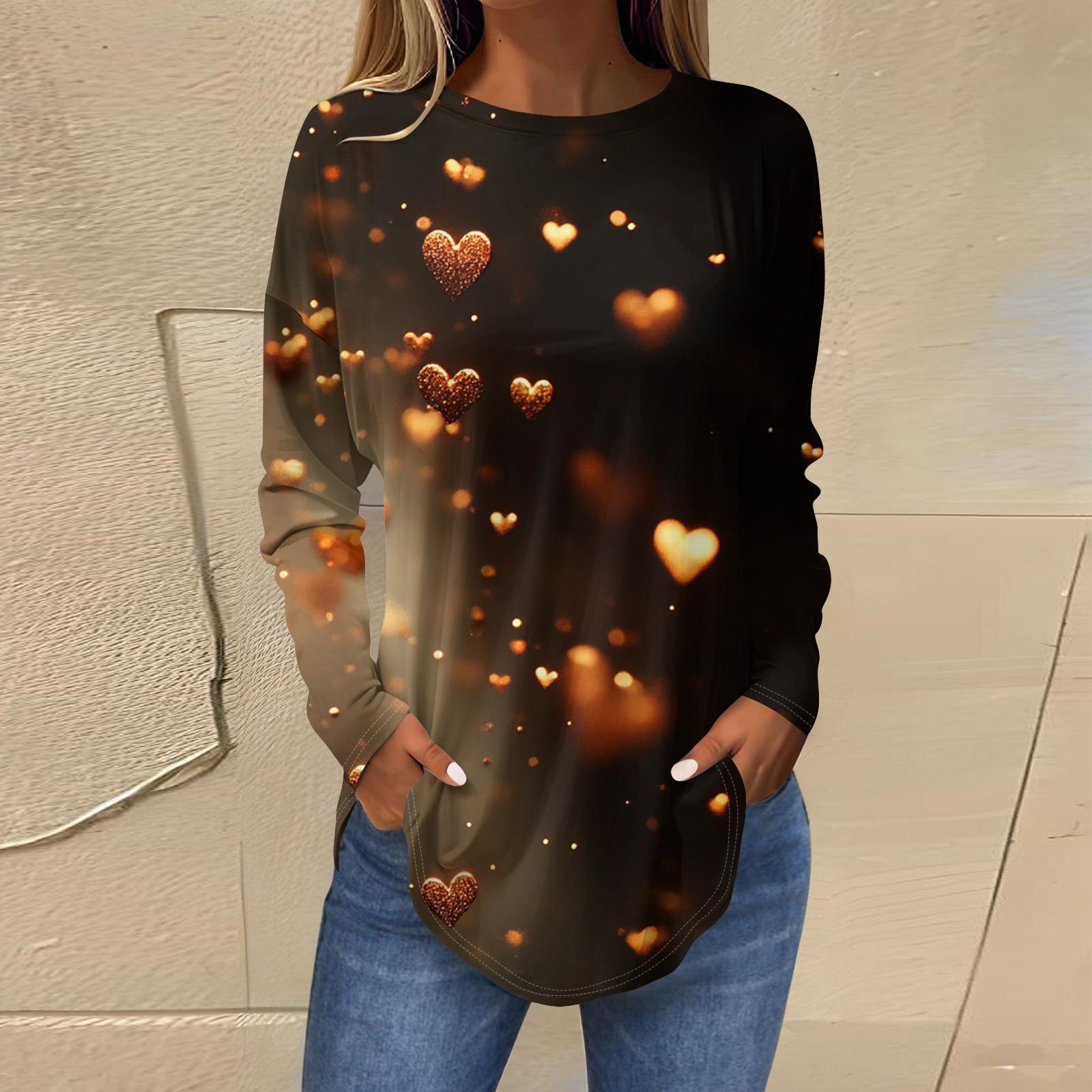 

Женская мода День святого Валентина Любовь Сердце Принт Длинный рукав Свободный круглый вырез Длинная футболка Топ XL жёлтый