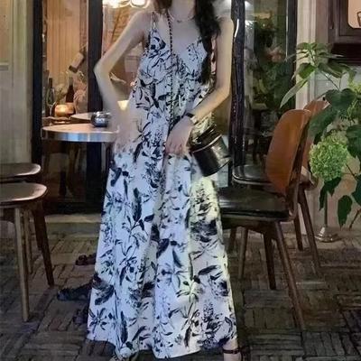Tinte V-Ausschnitt Trägerkleid Damen Frühling und Sommer Französisch Locker Lässig Freizeit Urlaubs Blumenkleid