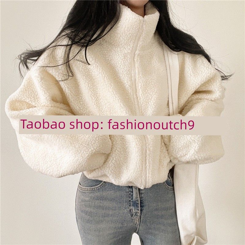 

Women s Autumn and Winter Fleece-lined Thick Loose Ins Idle Style Cashmere Cardigan Zipper Outwear Apricot color XL