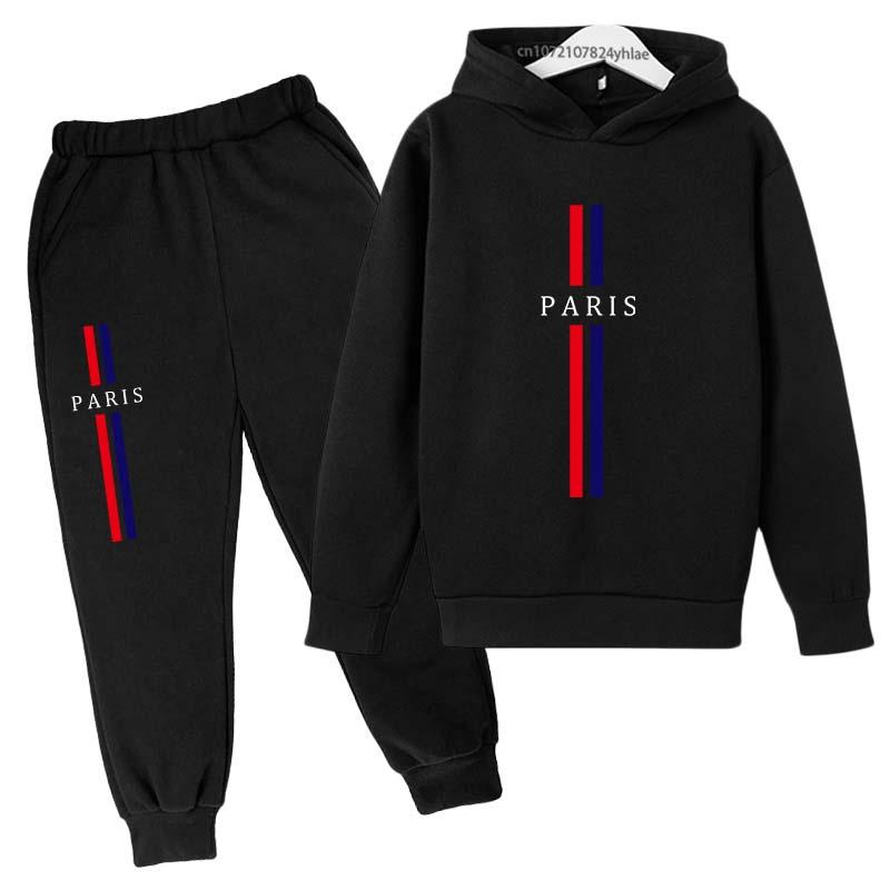 Jungen und Mädchen Herbst Freizeit Buchstabe Paris Aufdruck Hoodie+Hosen Anzug Mode Einfach Sport 2-teiliges Set Sport Trainingsanzug