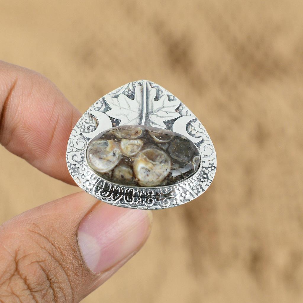 Turritella Agate Gemstone Sterling Silver Engagement Cresent Moon Ring Jewelry