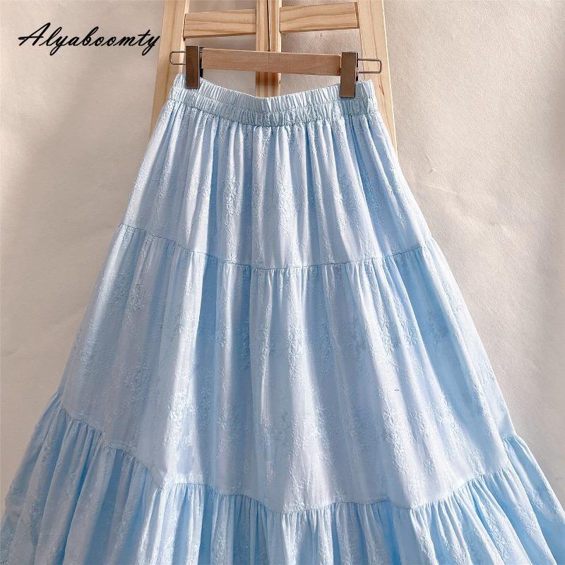 Prairie Chic Frühling Sommer Damen Blauer Midi-Rock Hohe Taille Ausgeschnitten Stickerei Rock Elegant Feminin Baumwolle Süße Röcke Damen