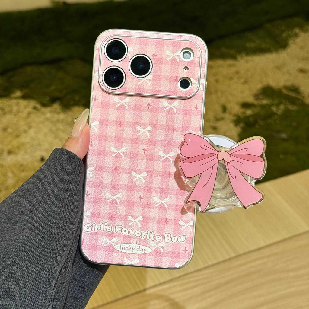 Pink Plaid Bow Magnetic Stand iPhone Case for Models 14, 15 Pro Max, 16, and Apple 17