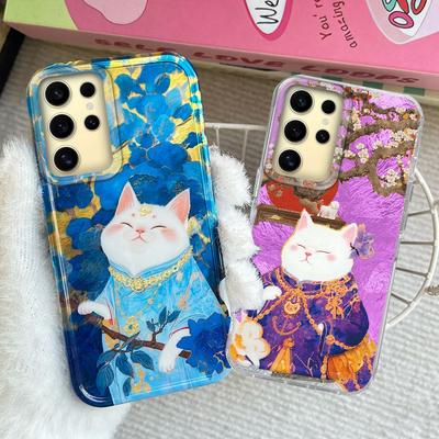 Koreanische Niedliche Weiße Katze Wirbelmuster Mädchen Handyhülle für Samsung Galaxy S25 Edge S24 S23 S22 S21 S20 FE Plus Ultra Taschen Hülle