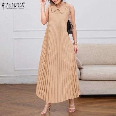 Womens Turn Down Collar Loose Casual Sleeveless Pleated Dress
