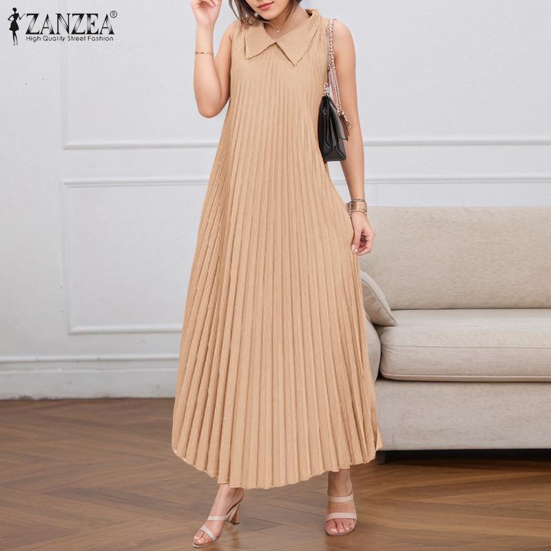 ZANZEA Womens Turn Down Collar Loose Casual Sleeveless Pleated Dress