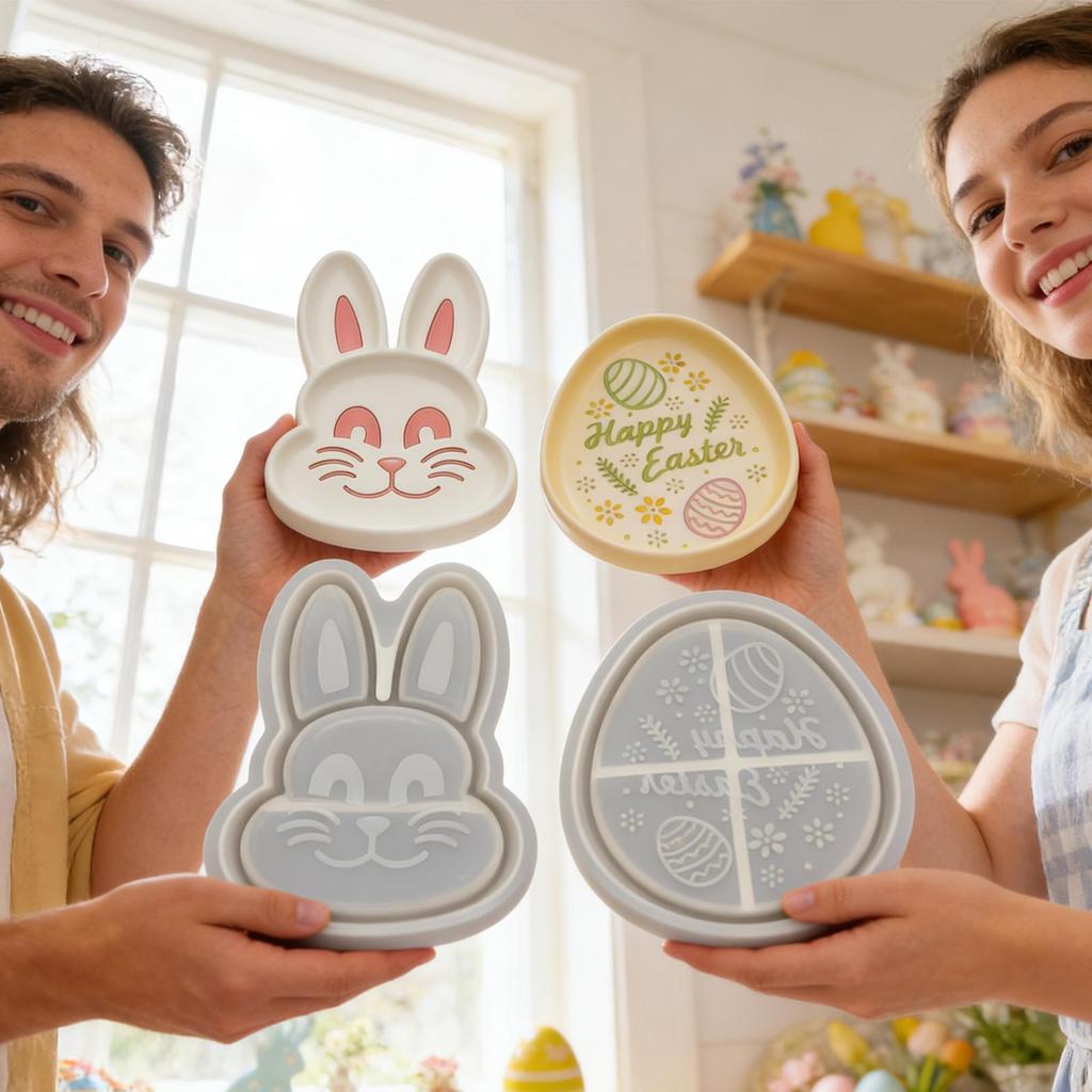 Resin Tray Molds 2 Pieces Easter Ornaments Epoxy Art Craft Rabbit Egg Shaped Trinket Tray Mold for Holiday Wedding Party Table