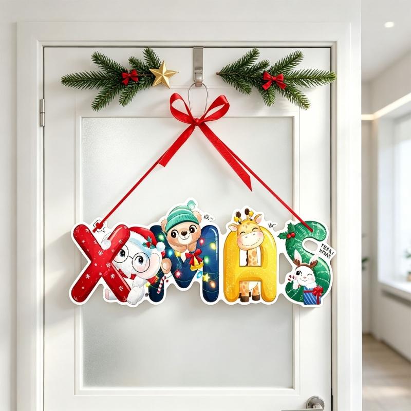 6 Set of Assorted Paper Christmas Door Hanging Decorations with Hanging Ribbons and Santa, Truck, Holiday Characters, and Sign Motifs