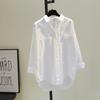 Women's Clothing Summer Solid Color Korean Style Loose Fit Artistic Casual Shirt with Double Pockets High-Low Hem White Cotton
