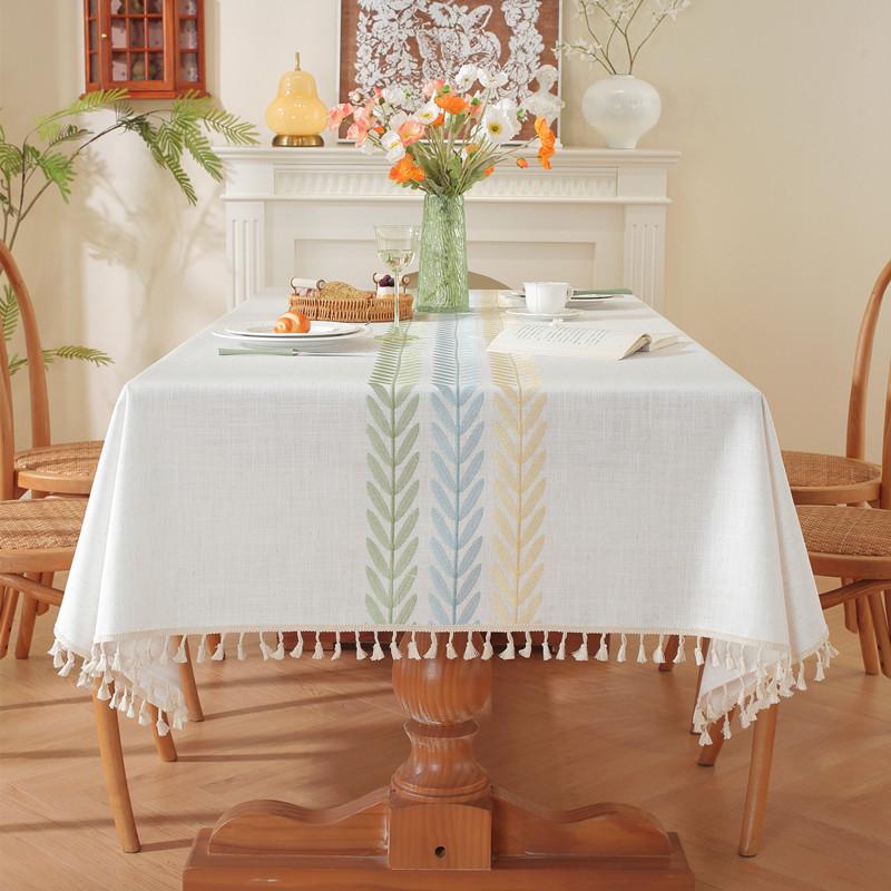Embroidered Plaid Flower Tassel Tablecloth Rectangular Coffee Table Anti-fouling Decorative Tablecloth Tablecloth