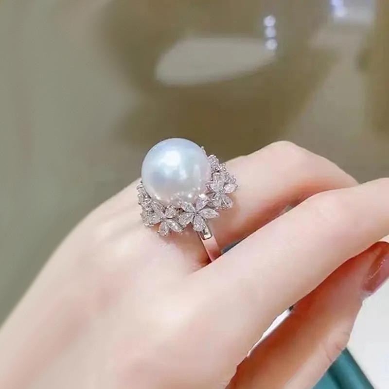 CopperBig Round Pearl Rings for Women Romantic AAA Cubic Zirconia Flower Bridal Wedding Elegant Lady Jewelry