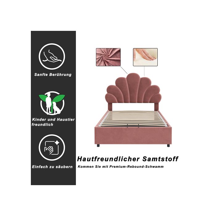 Lit enfant - MUVOE - 90 x 200 cm - Tête de lit fleurie - Rembourré en velours - Rose