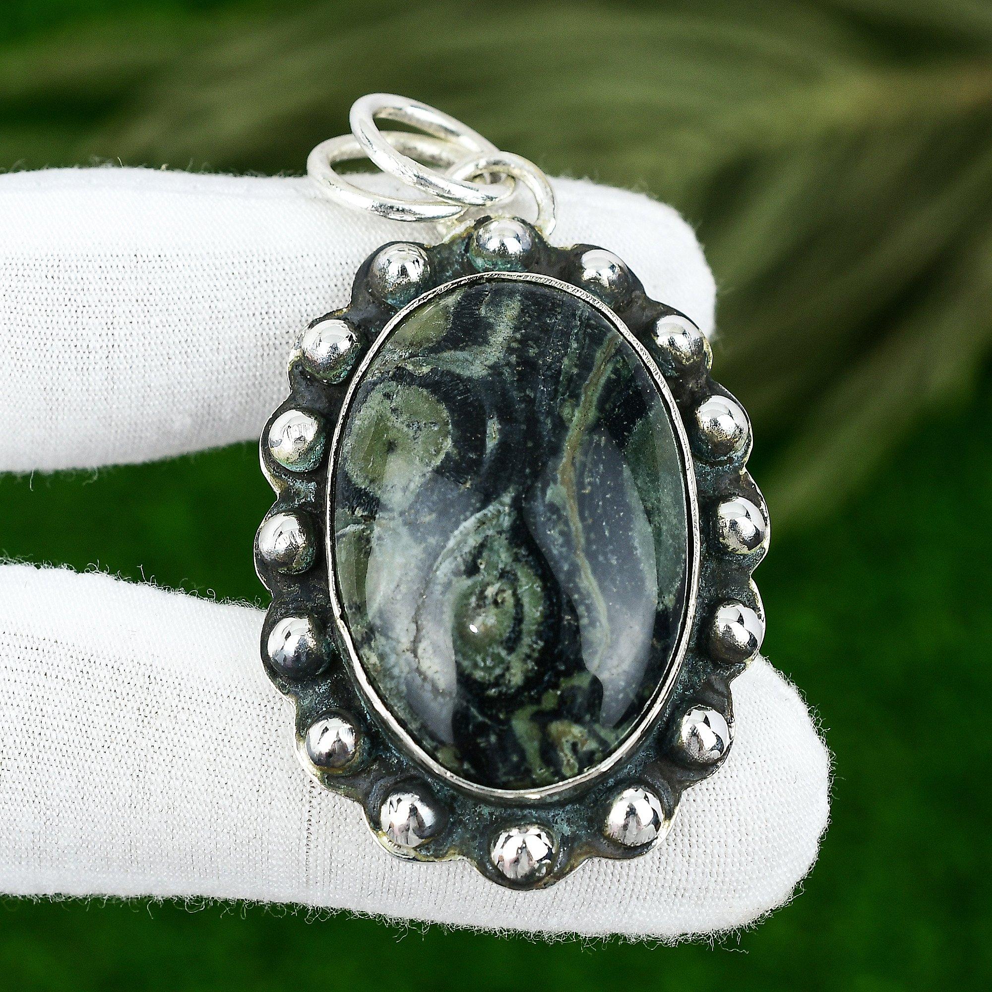 Oval Kambaba Jasper Gemstone Engagement Handmade Wife Pendant Jewelry 925 Silver