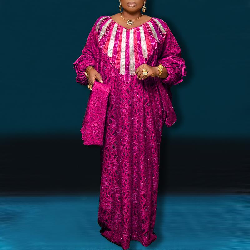 Women Plus Size Round Neck Long Sleeve Printed Loose Long Dresses