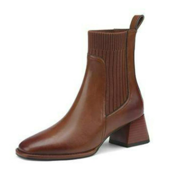 Bottines en cuir de vache pour femmes, bottes tricotées volantes, chaussures Vintage à talons épais, bottes courtes