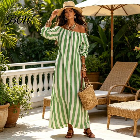 Long Sleeve Dress Summer Women Striped Dress, Off Shoulder Casual Soft Ankle Length Loose Swing with Side Pocket Comfortable Beach
