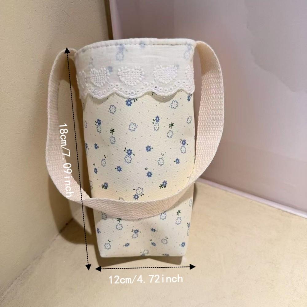 Lace Trimmed Water Bottle Cloth Bag Portable Lightweight Water Bottle Holder Handheld Floral Print Water Cup Sleeve for Students