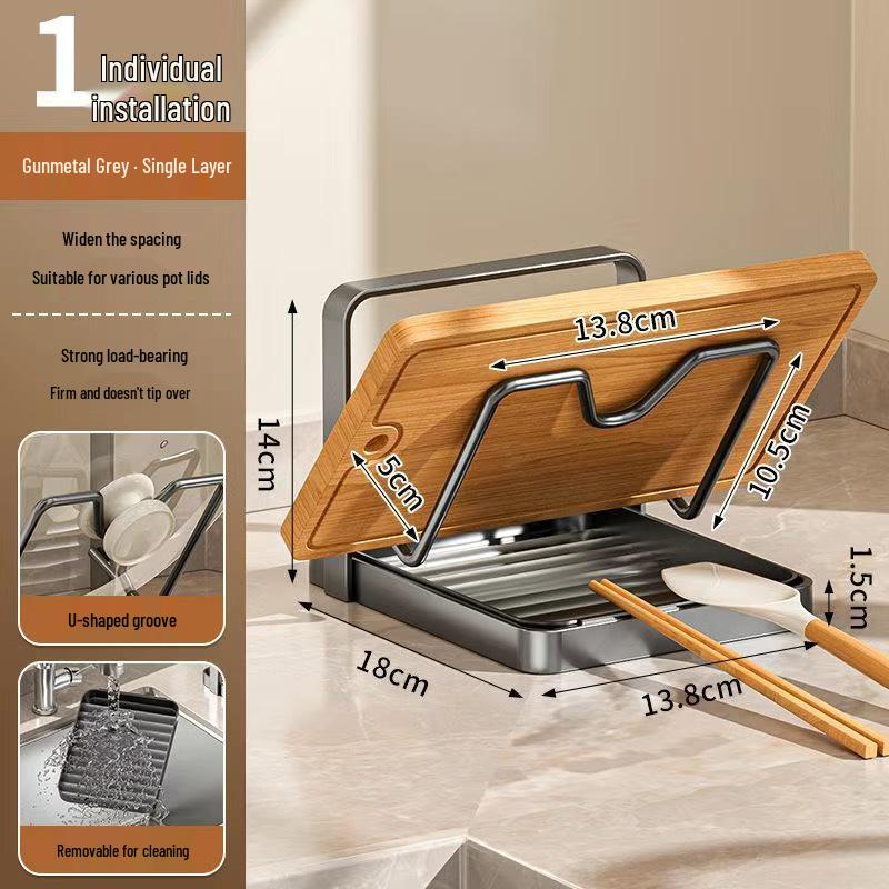 Countertop Multi-functional Kitchen Pot Lid & Cutting Board Rack with Spatula Draining Feature